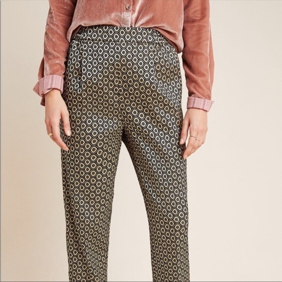 Anthropologie Pants - ANTHROPOLOGIE Larkin Gold Jacquard Trousers Pull-on Pant High Waist Size Small